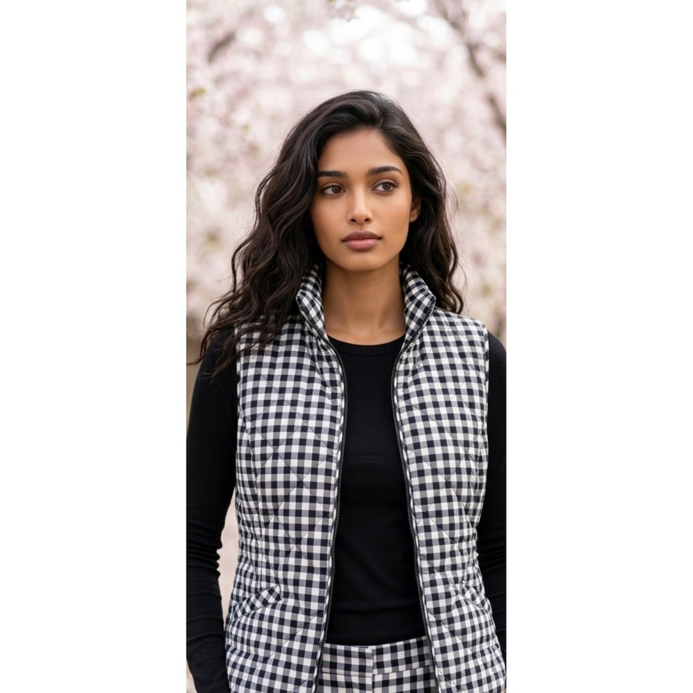 Talbots Womens Navy White Gingham Quilted Puffer Vest Diamond Stitch Full Zip